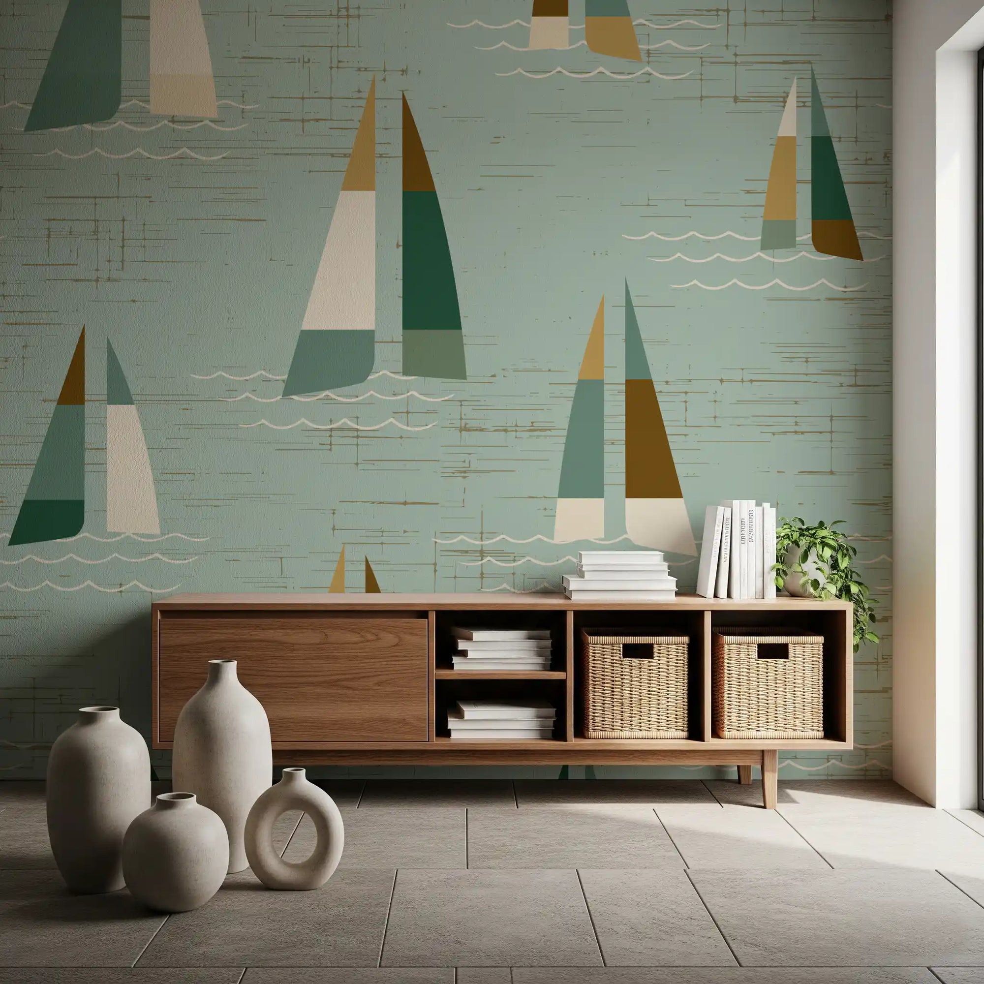 Hallway nautical sailboat wall mural in sage green with wave details., GD10564