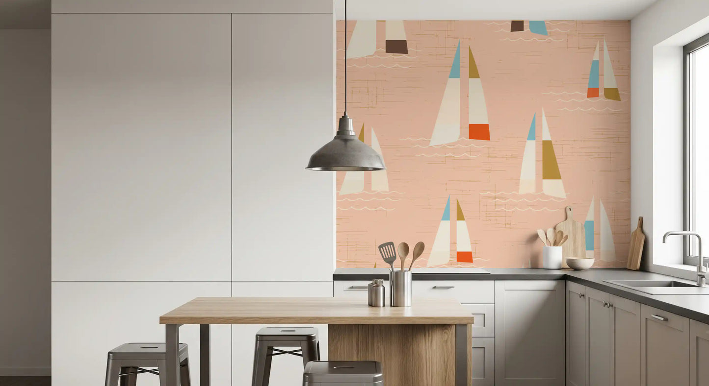 Kitchen sailboat wall mural with coastal peach tones and nautical motifs.