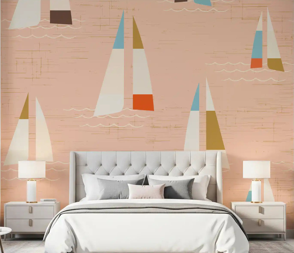 Bedroom nautical sailboat wall mural in soft peach with wave details., GD10565