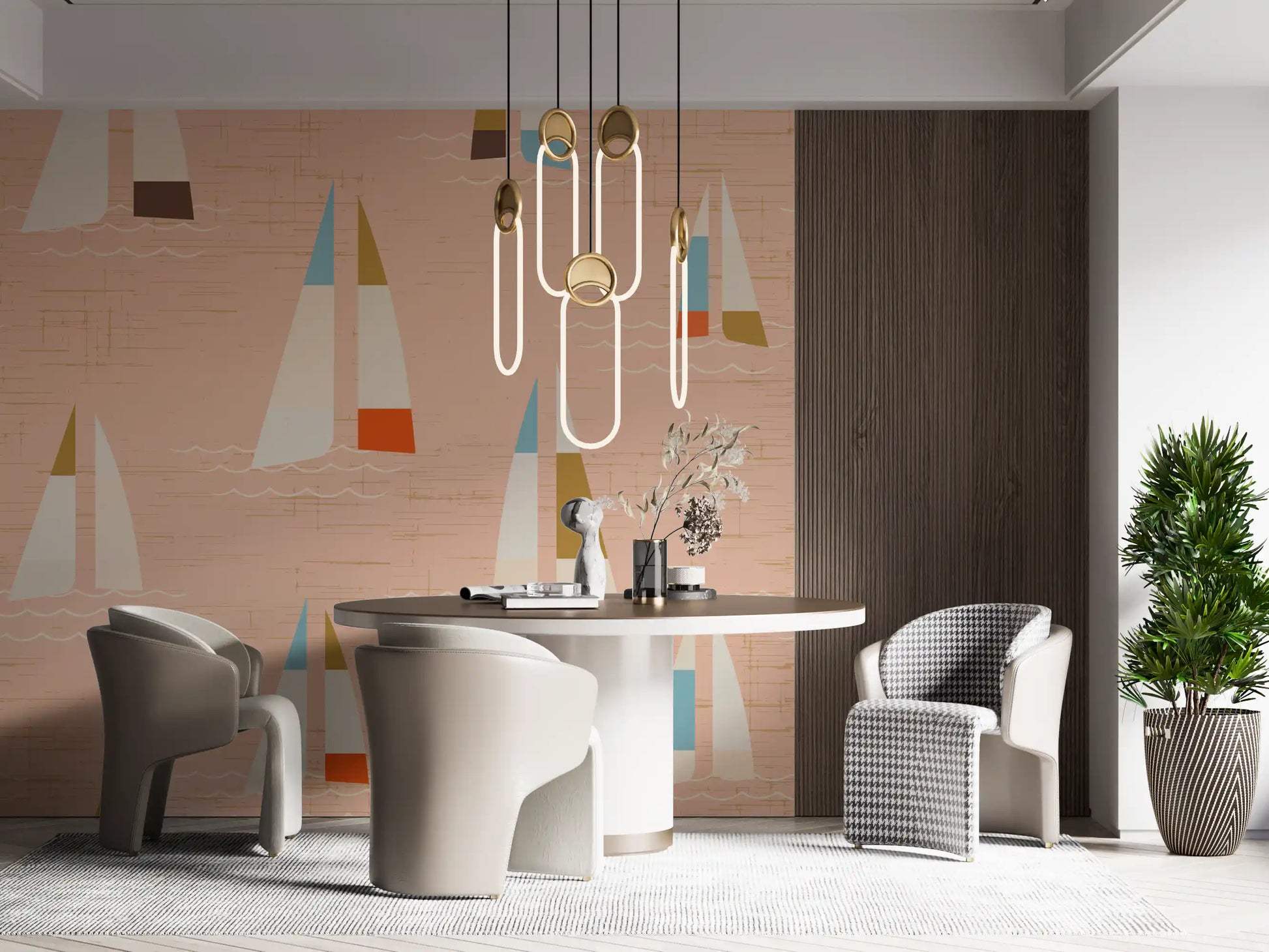 Wall mural showing mid century sailboat on soft peach ground.