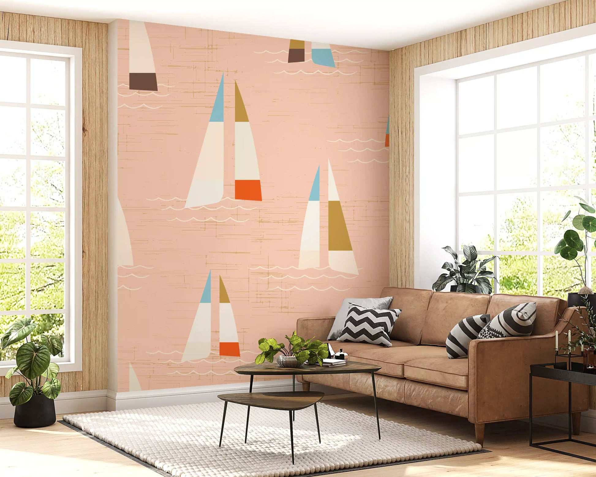 Peach wall mural with scattered sailboat motifs and white wave lines.
