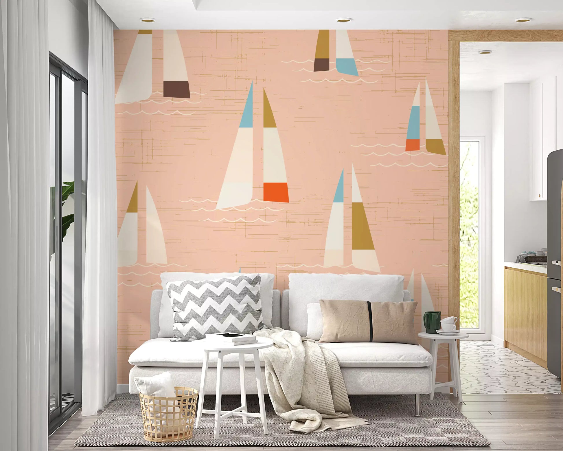 Nautical wave and sailboat wall mural in peach with bright toned sails.