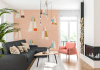 Sailboat wall mural with sky blue and olive triangular sails on peach.