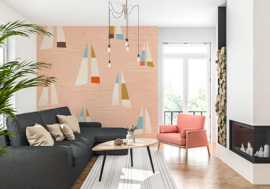 Sailboat wall mural with sky blue and olive triangular sails on peach.