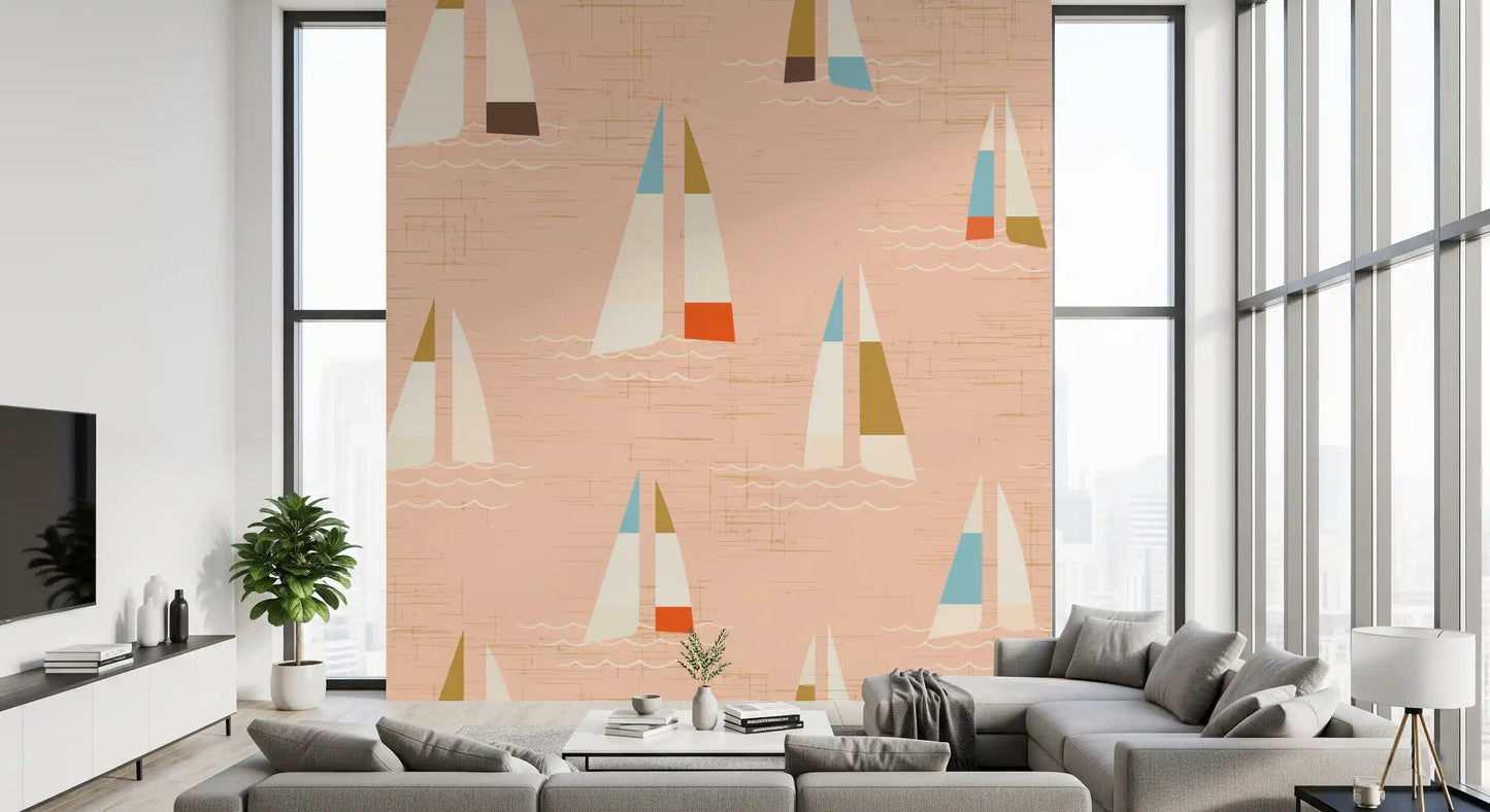 Peach sailboat wall mural with red-orange and olive colour block accents.