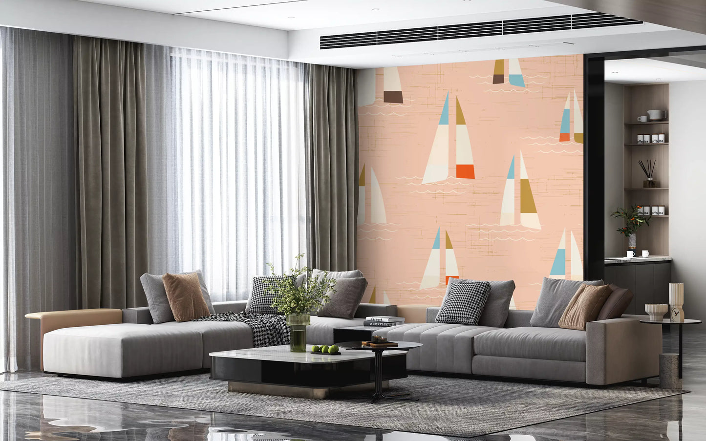 Mid century coastal wall mural with sailing boats and linen textured peach.