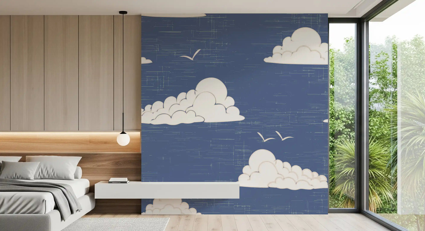 Rounded white cloud shapes on textured blue wall mural.