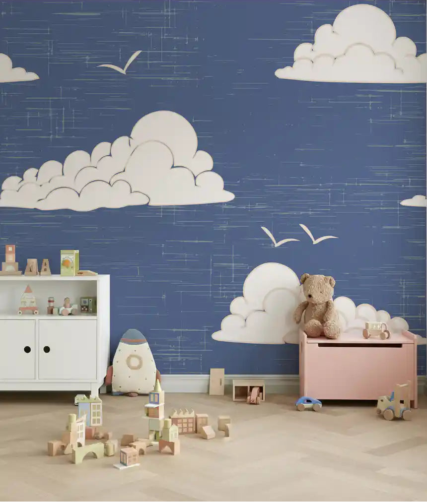Nursery wall with mid century cloud sky dusty blue wall mural., GD10566