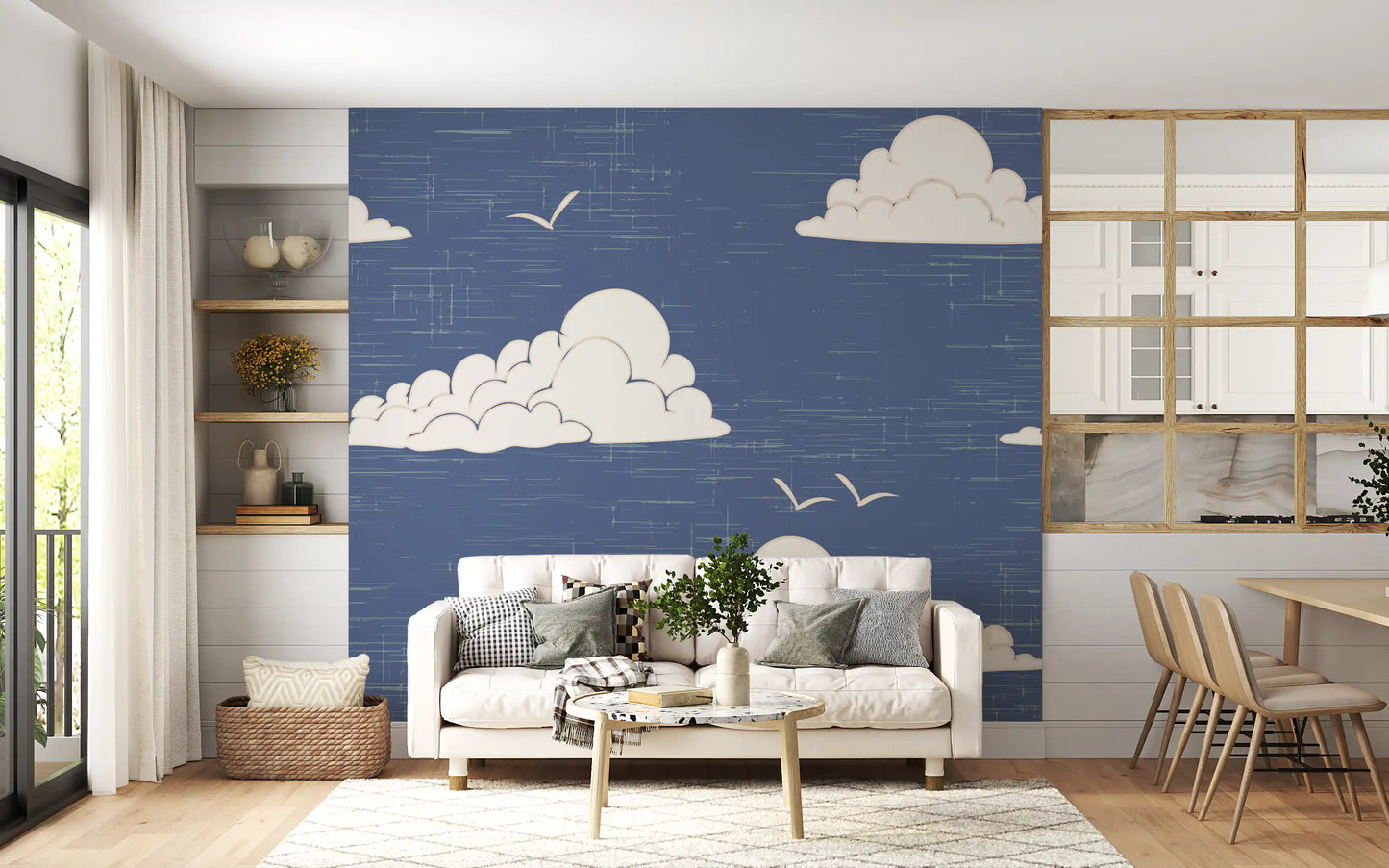 Crosshatch textured dusty blue sky wall mural with clouds.