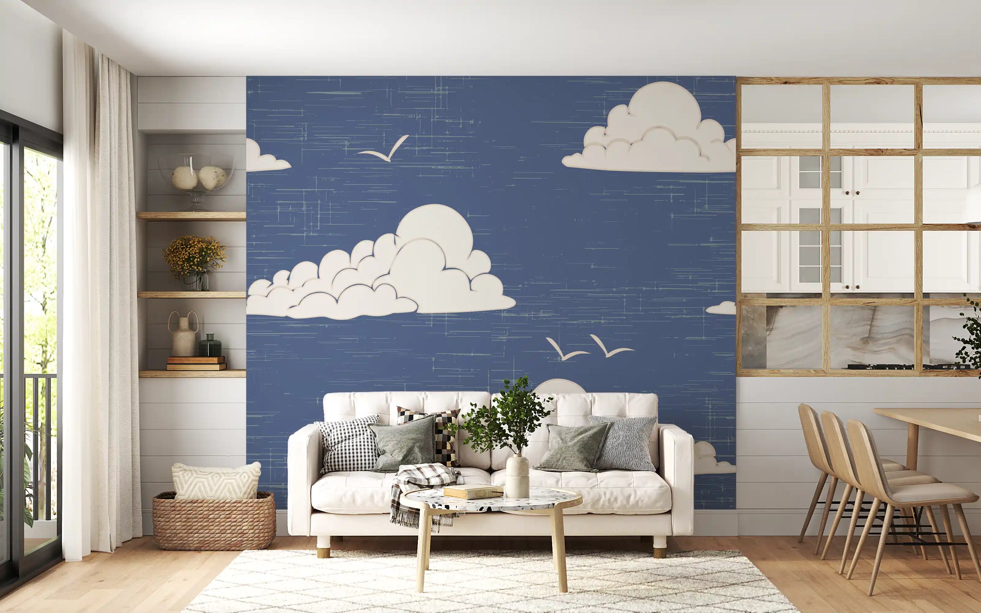 Crosshatch textured dusty blue sky wall mural with clouds.