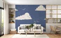 Crosshatch textured dusty blue sky wall mural with clouds.