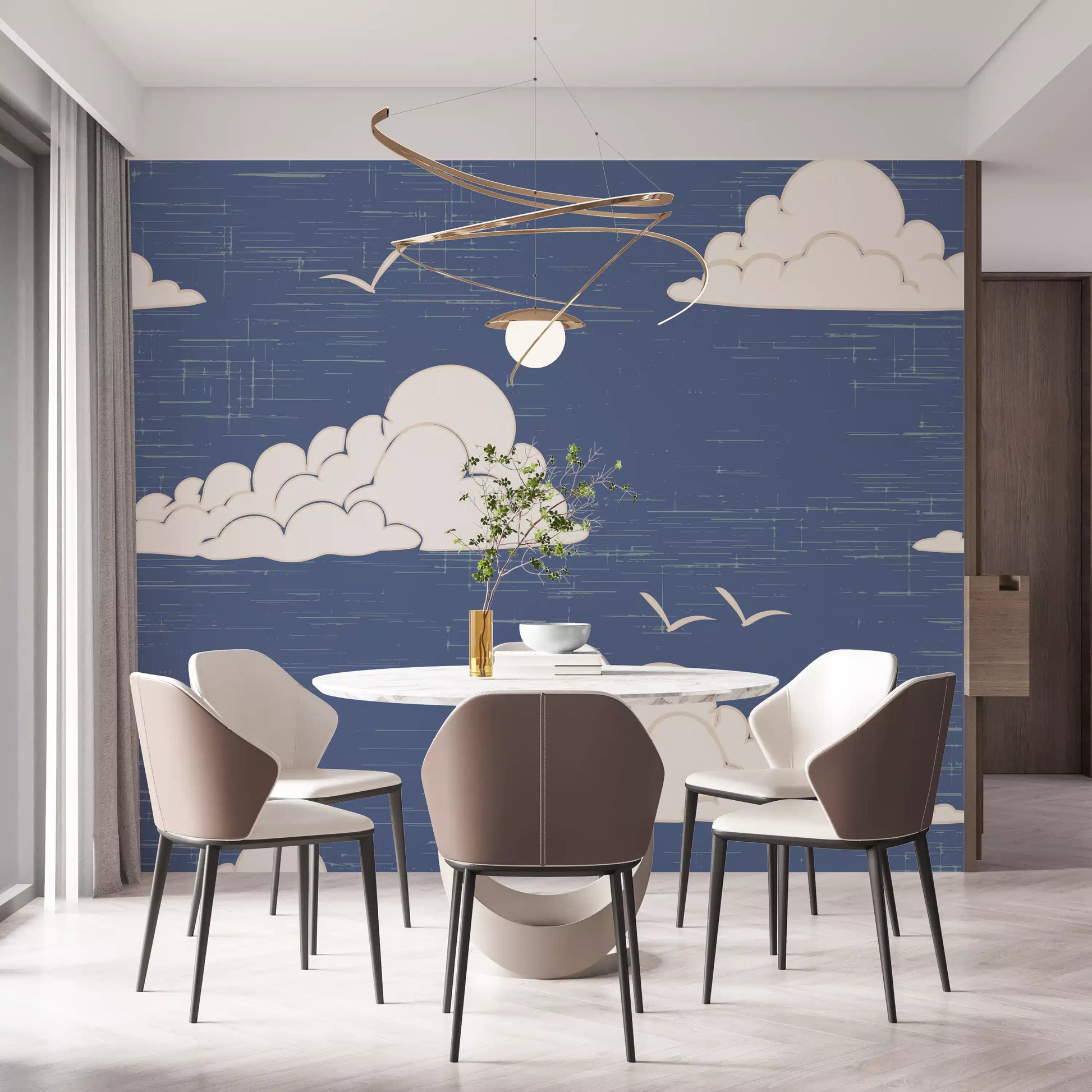 Dining room with retro dusty blue cloud and bird wall mural.