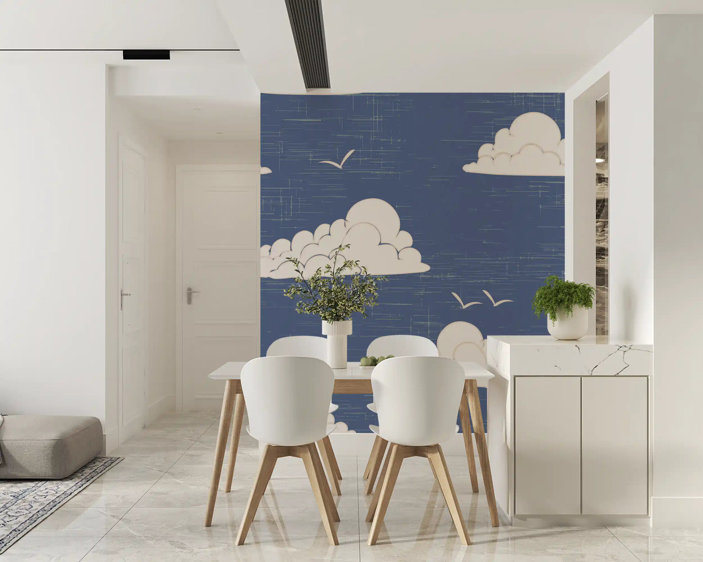 Small and large clouds scattered across dusty blue wall mural.