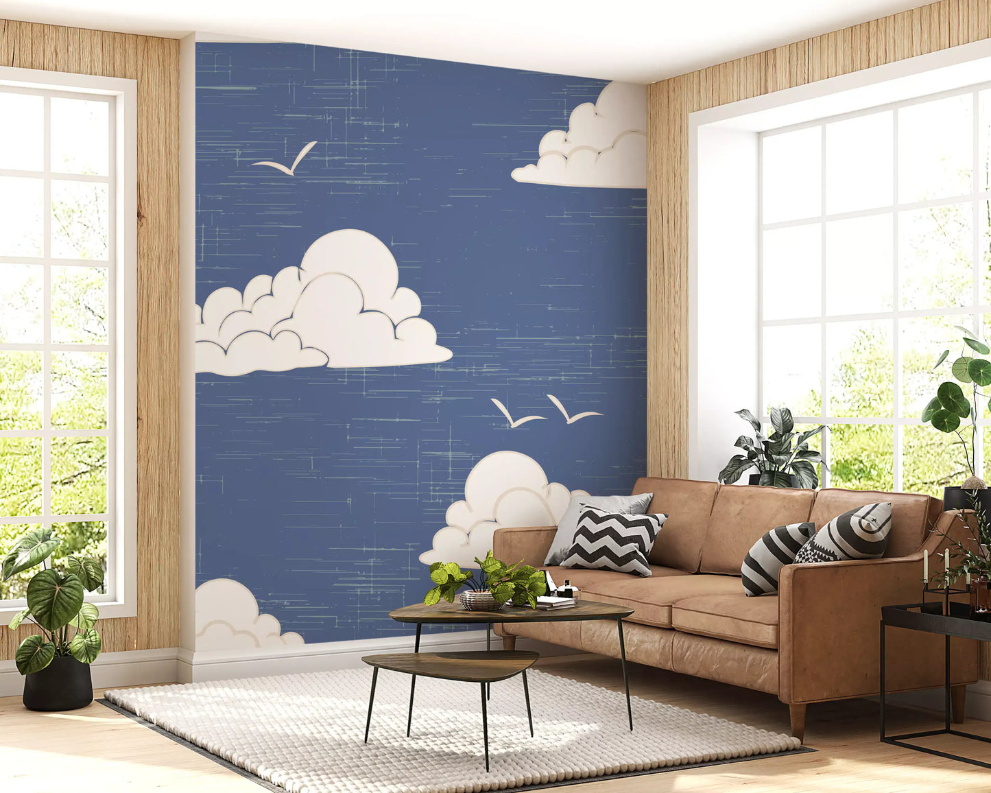 Vintage inspired white cloud clusters on blue wall mural.