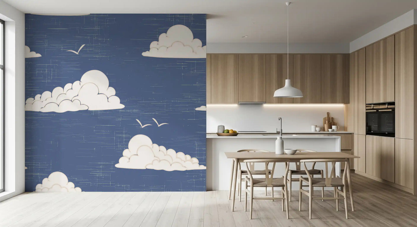 Mid century dusty blue wall mural with white floating clouds.