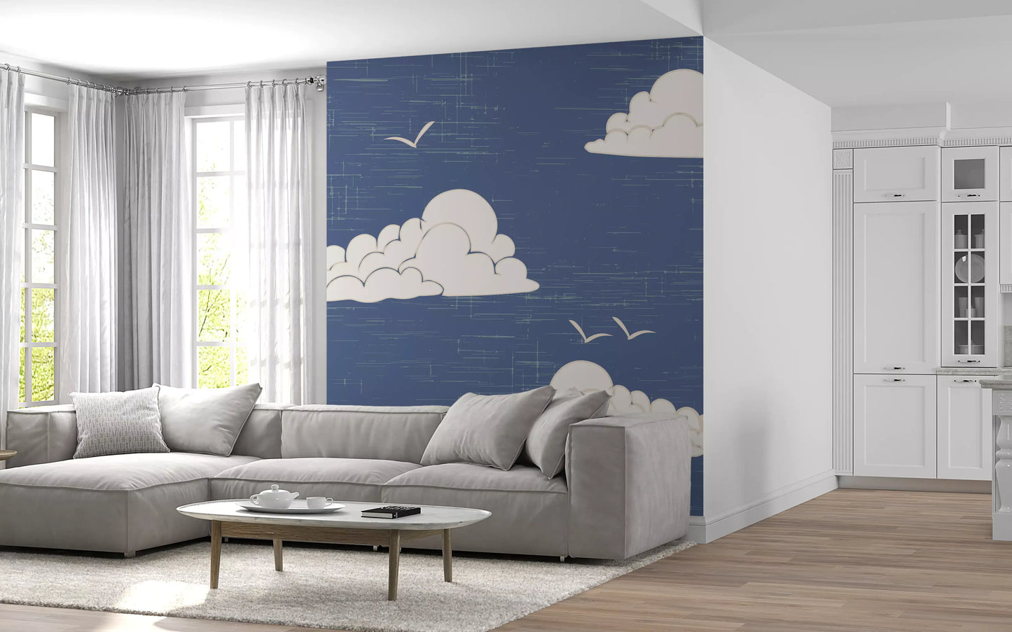 Blue wall mural in living room with Bird silhouettes flying between clouds.