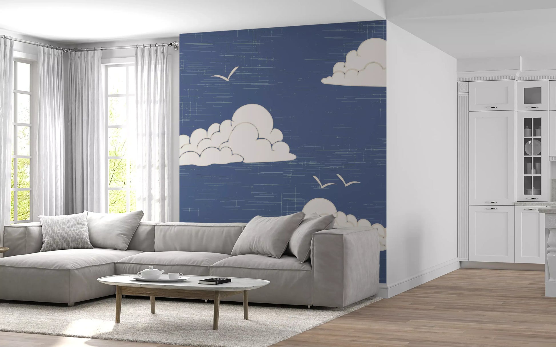 Blue wall mural in living room with Bird silhouettes flying between clouds.