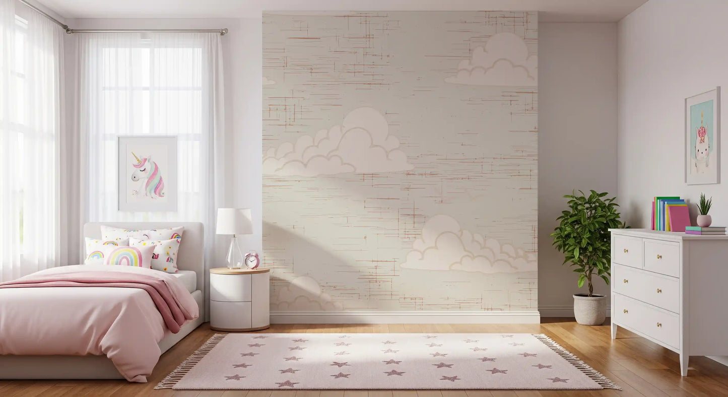 Cream wall mural in bedroom with Rounded white cloud shapes with beige outlines.