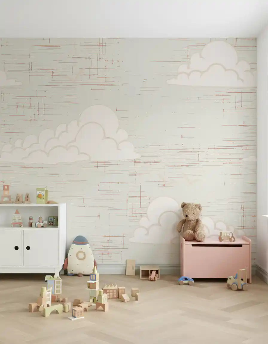 Kids playroom with retro cream cloud and bird wall mural.