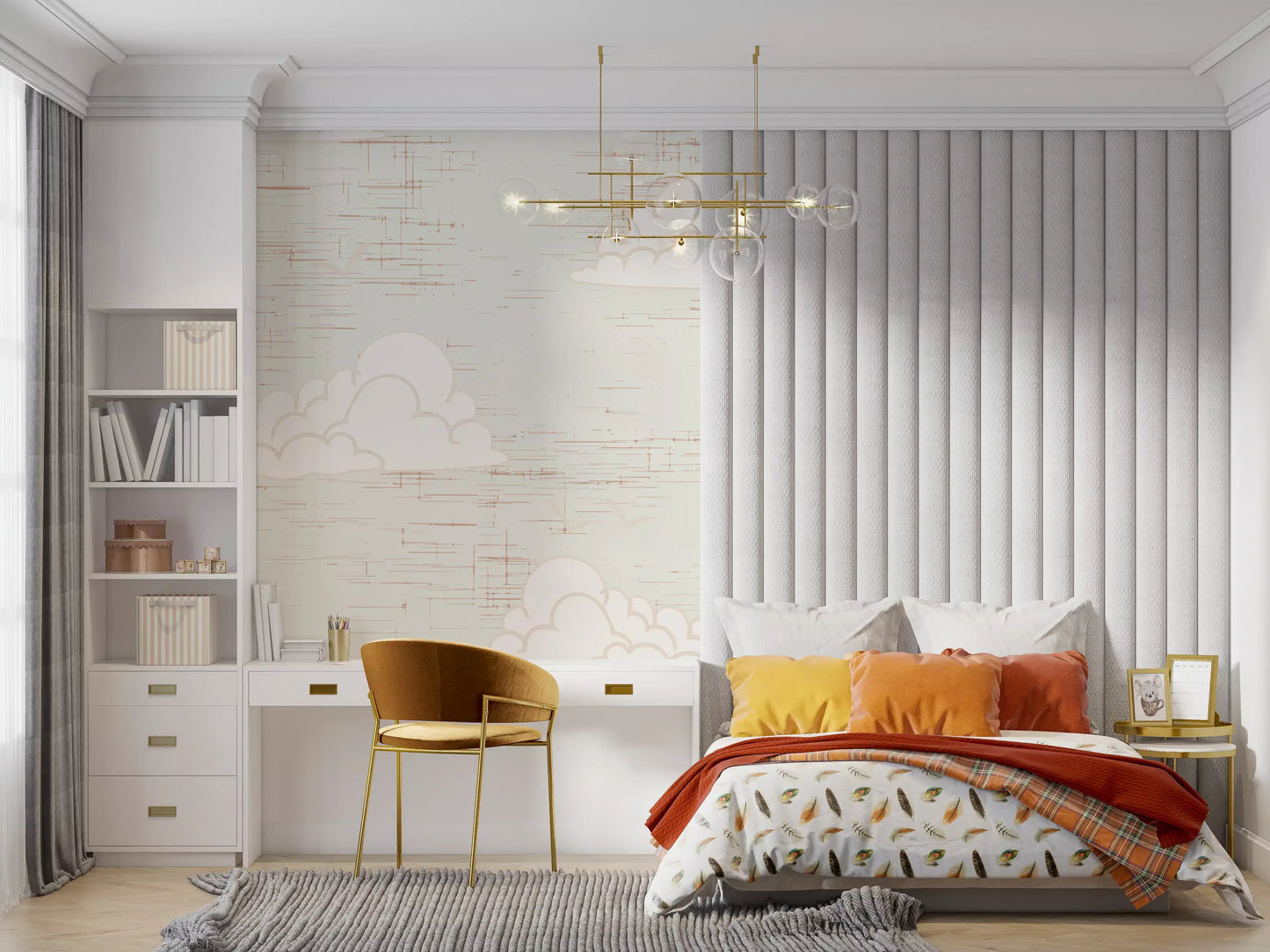Vintage style layered white clouds on cream wall mural.