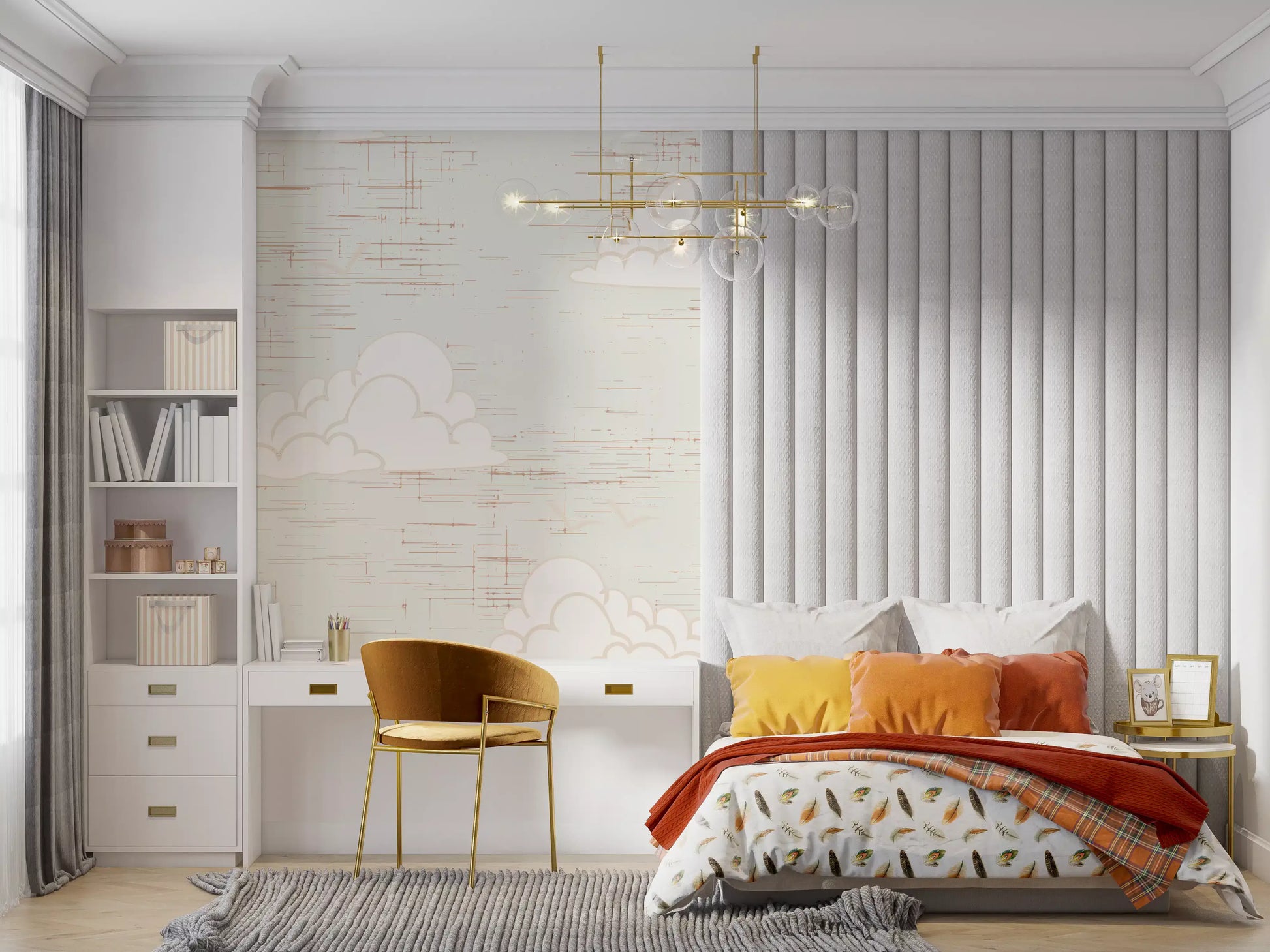 Vintage style layered white clouds on cream wall mural.
