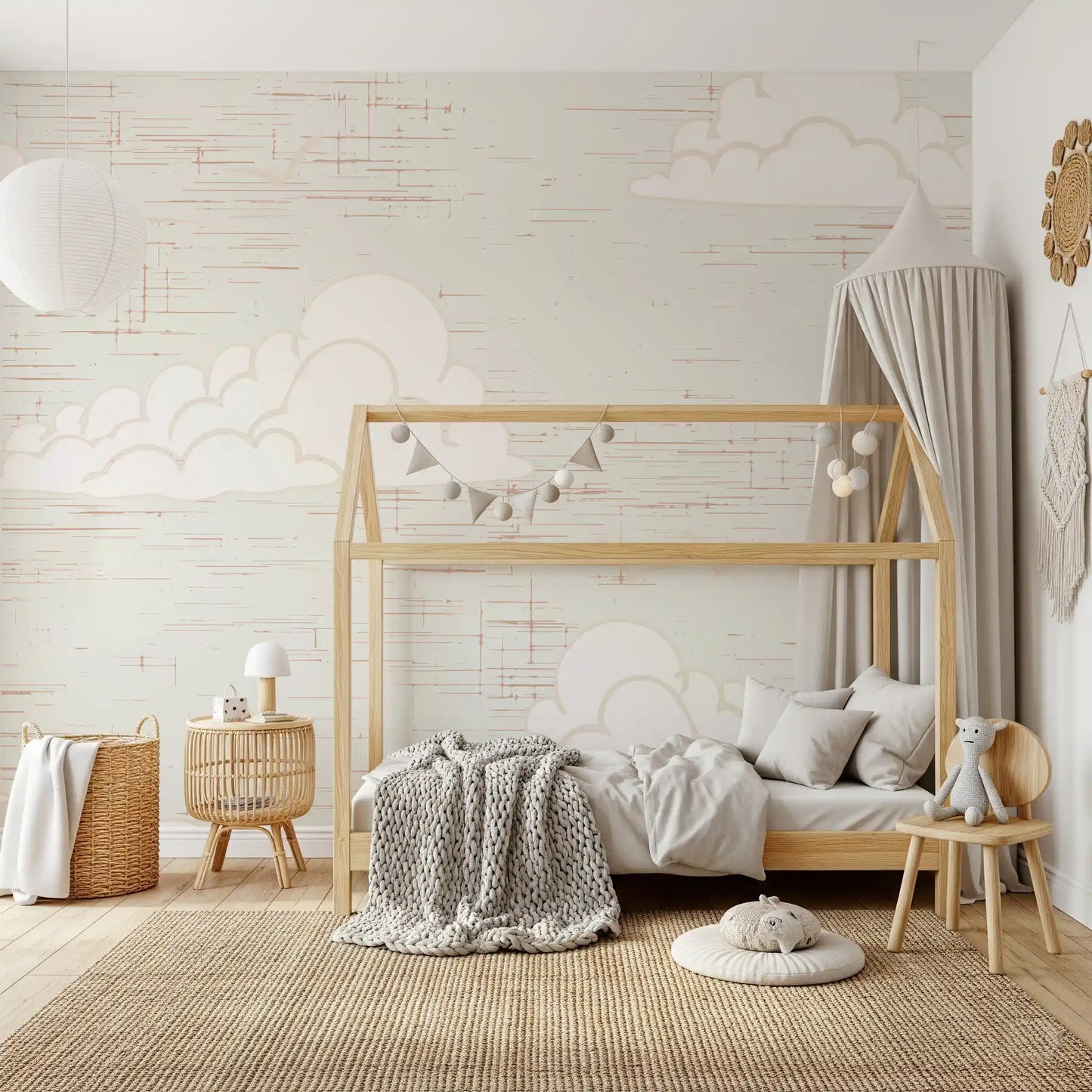 Cream sky wall mural in kids room with Rust brown crosshatch texture.