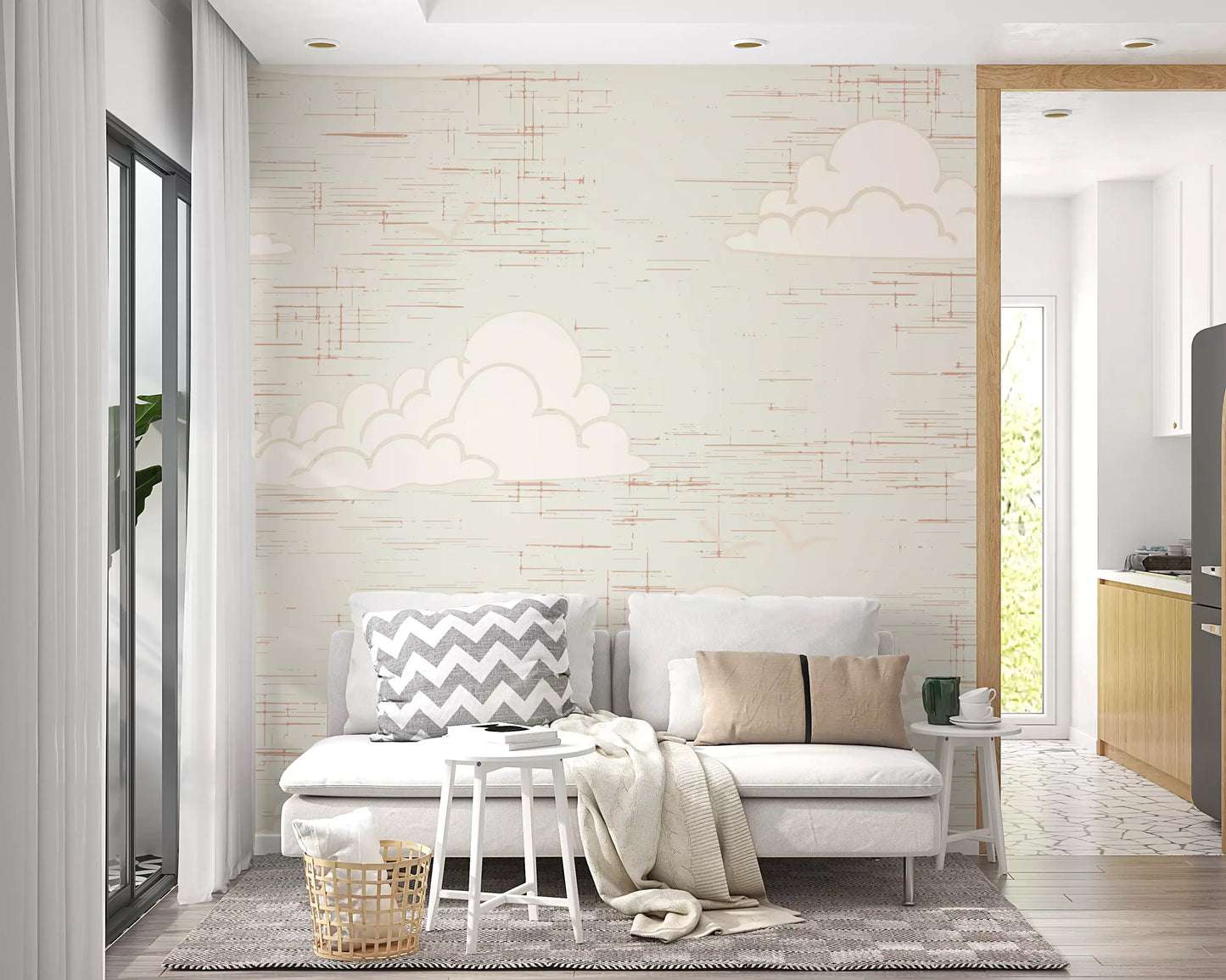 Curved bird shapes above cloud clusters on cream wall mural.