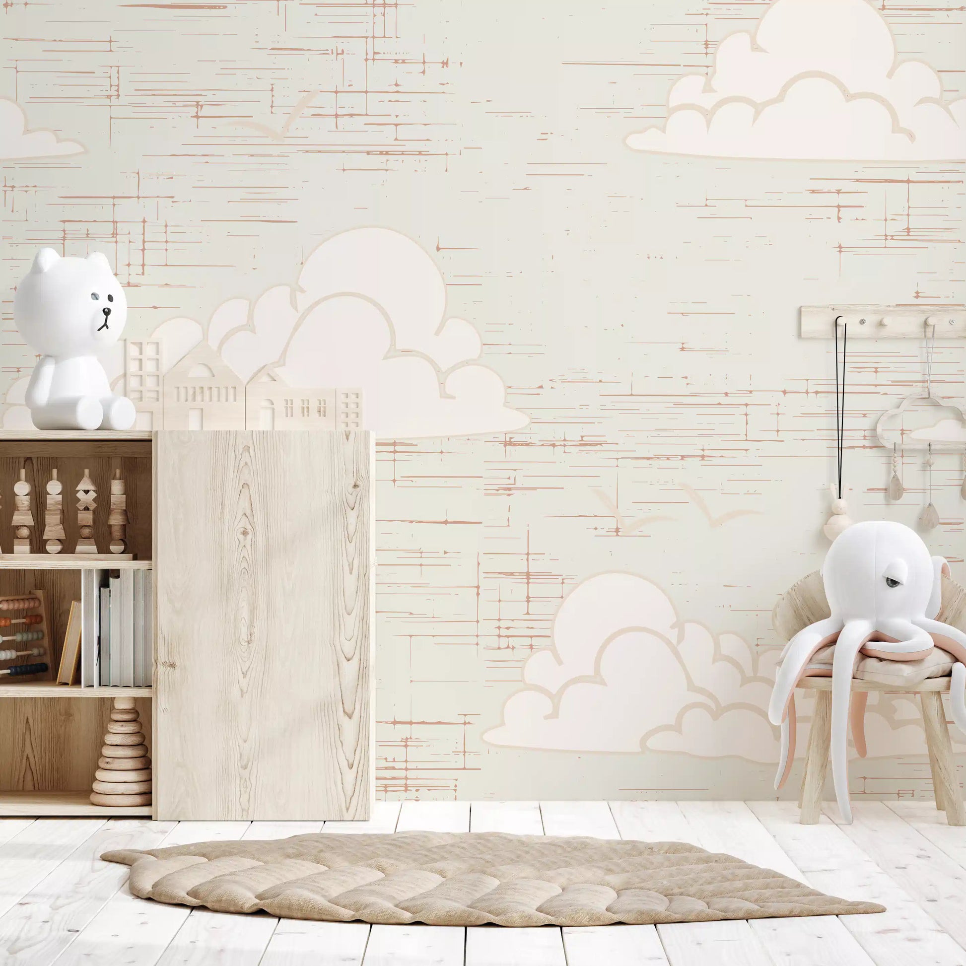 Bird silhouettes between clouds on cream mid century wall mural.