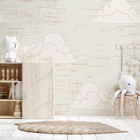 Bird silhouettes between clouds on cream mid century wall mural.
