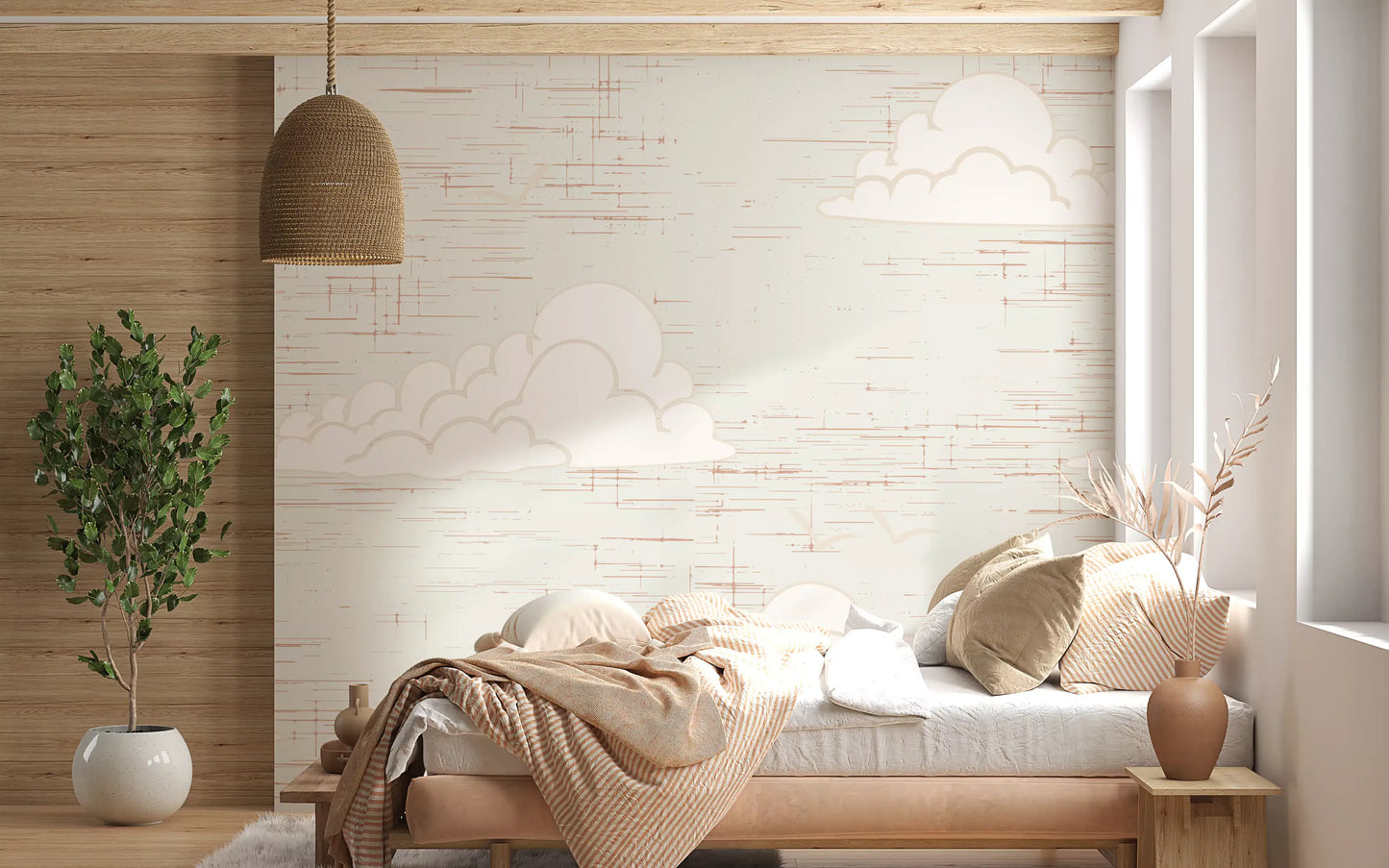 Textured cream wall mural in bedroom with Small and large white clouds.