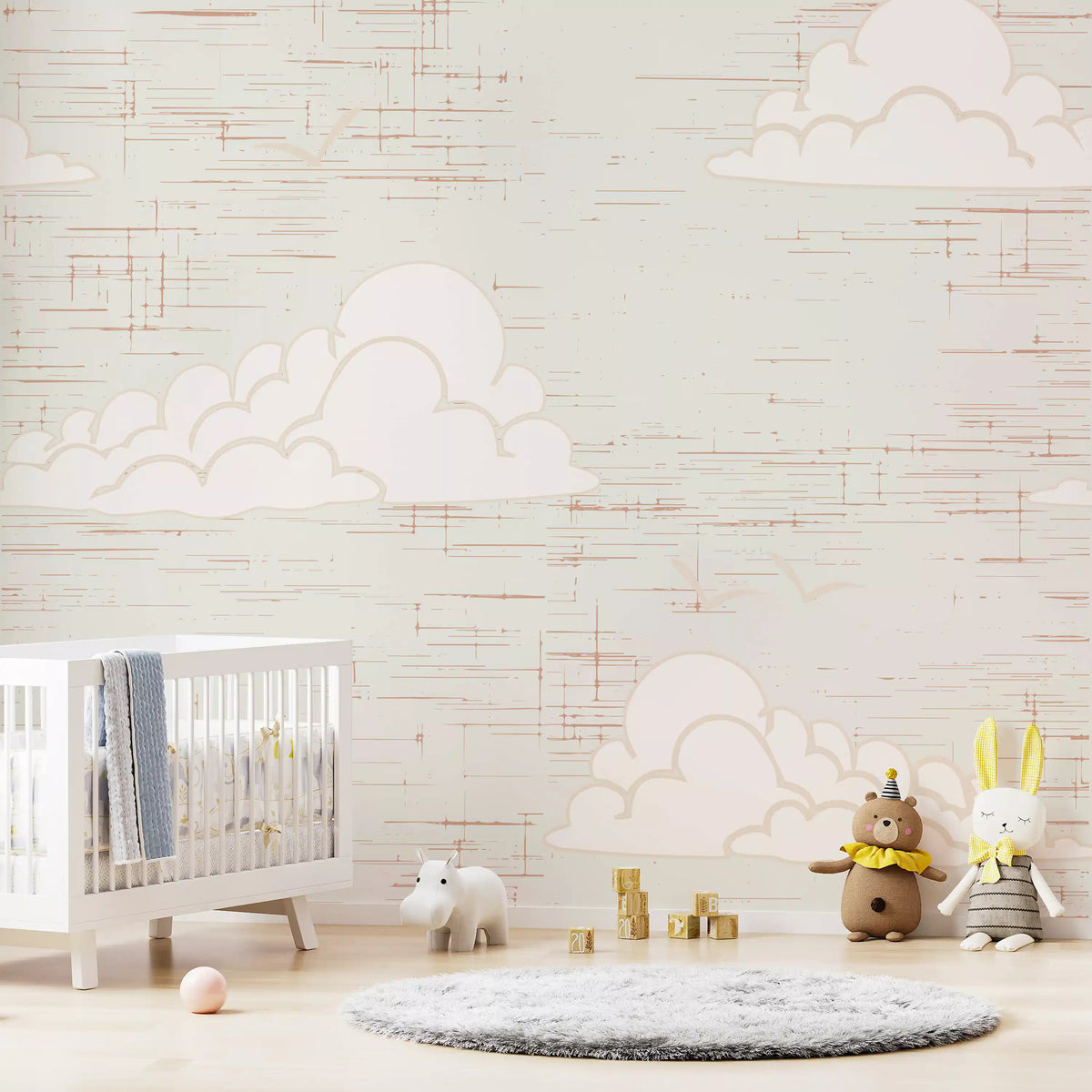 Nursery wall with mid century cream cloud sky mural., GD10567