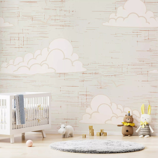 Nursery wall with mid century cream cloud sky mural.
