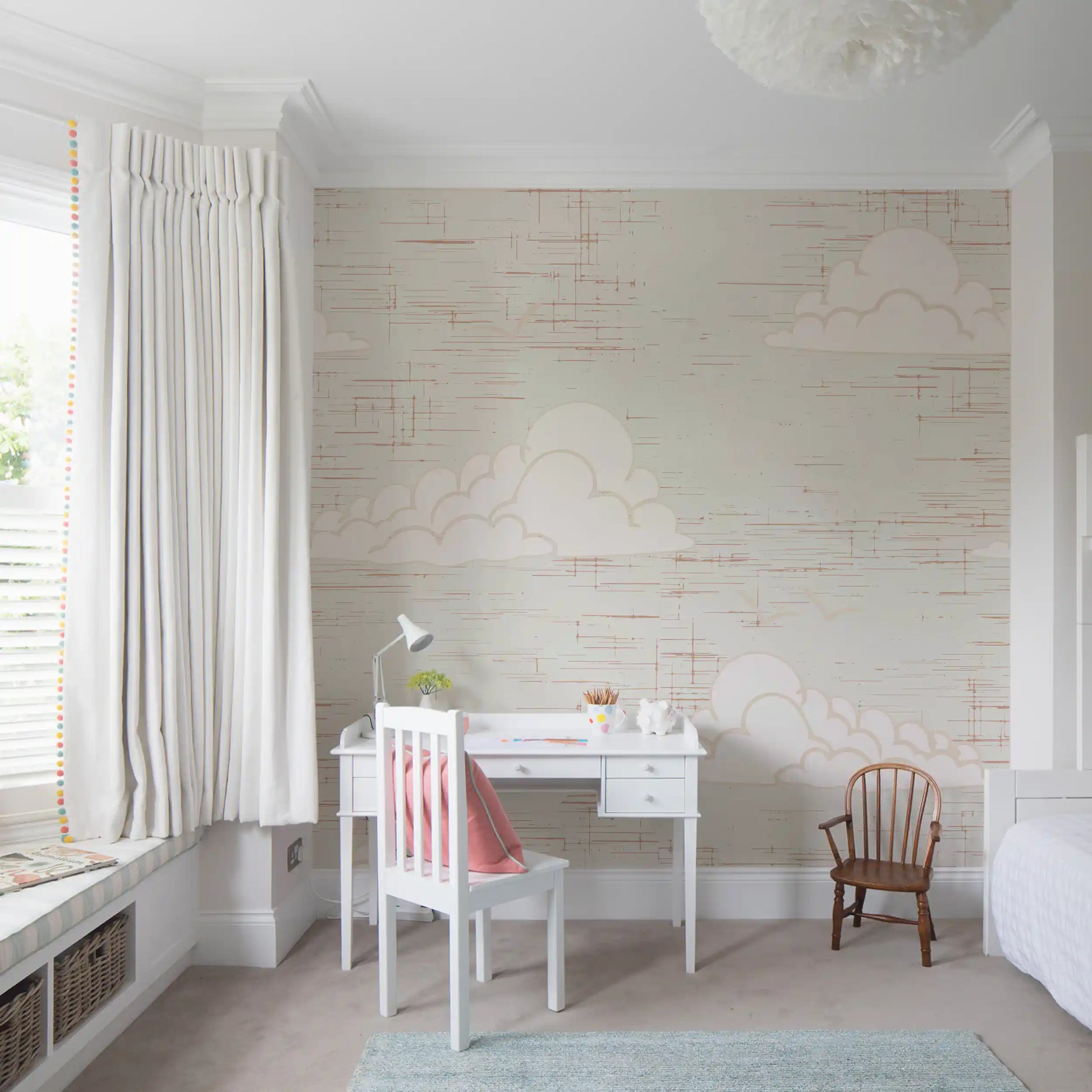 Mid century cloud and bird motif wall mural on cream background.