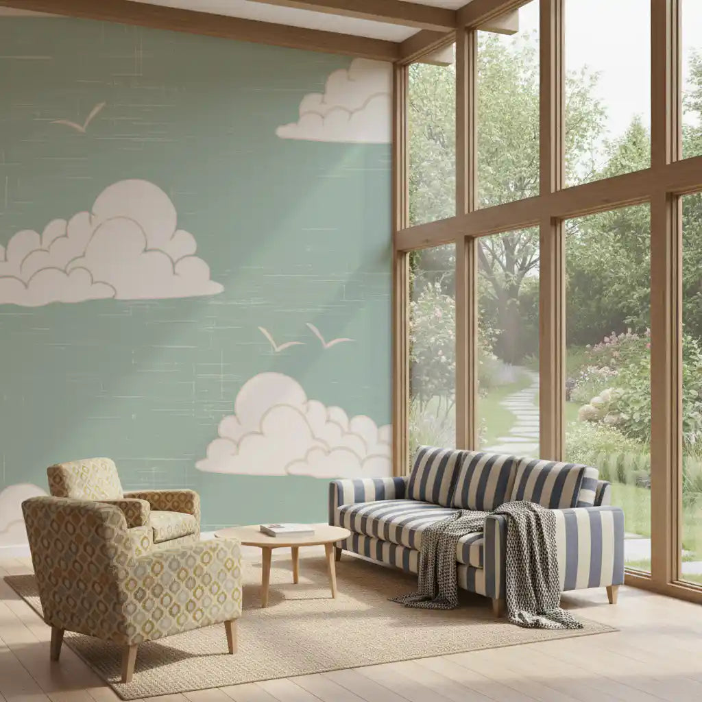 Vintage layered white clouds on muted sage wall mural.