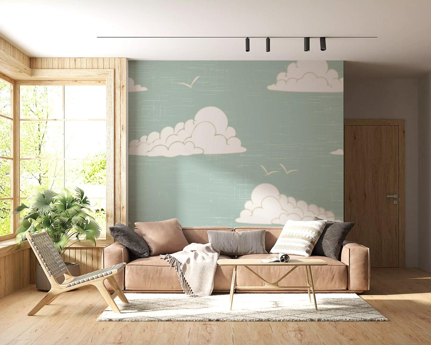 Sage sky wall mural with Crosshatch texture detail on light background.