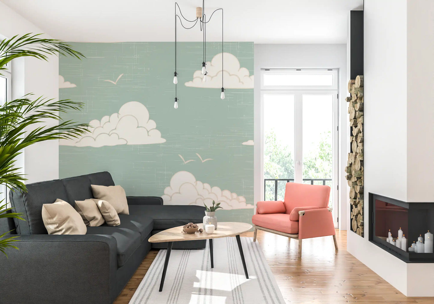 Sage wall mural with Rounded white cloud shapes with beige outlines.