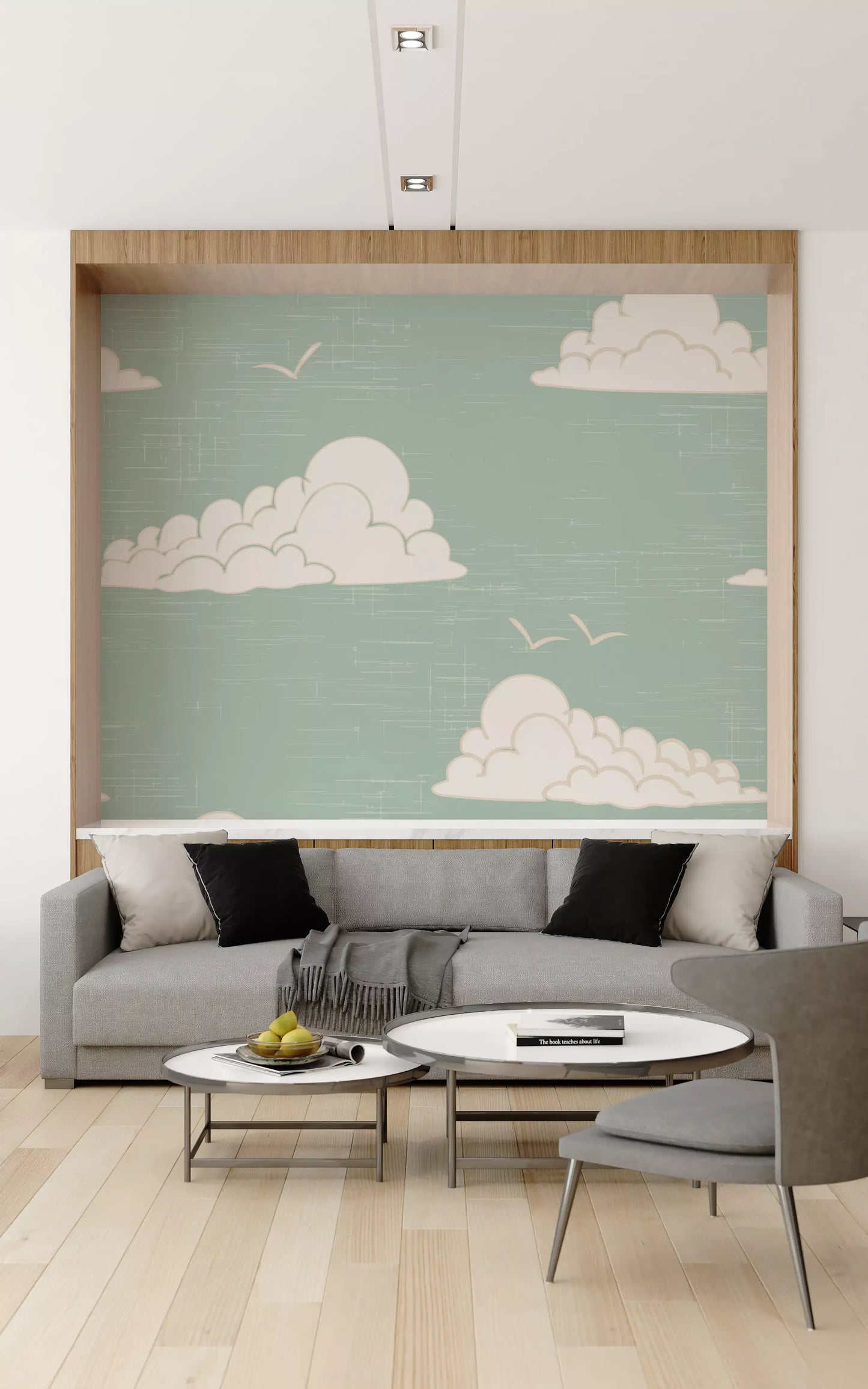 Curved bird strokes above cloud groups on light sage wall mural.