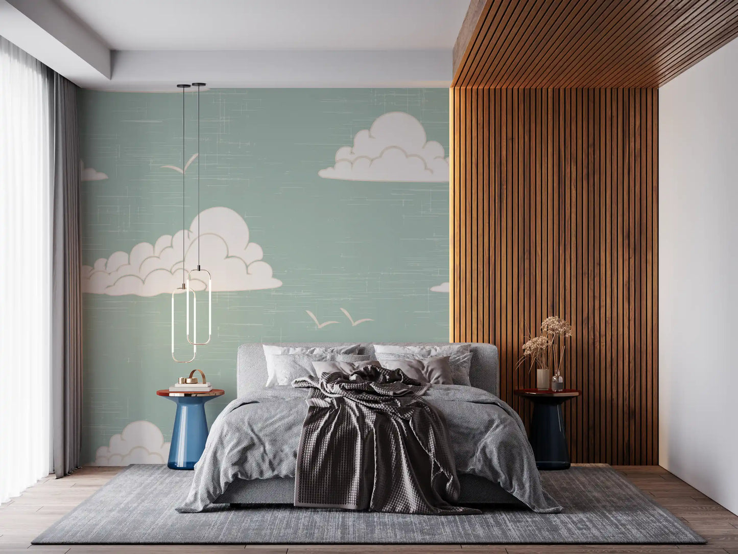 Large and small white clouds scattered across sage wall mural in bedroom.