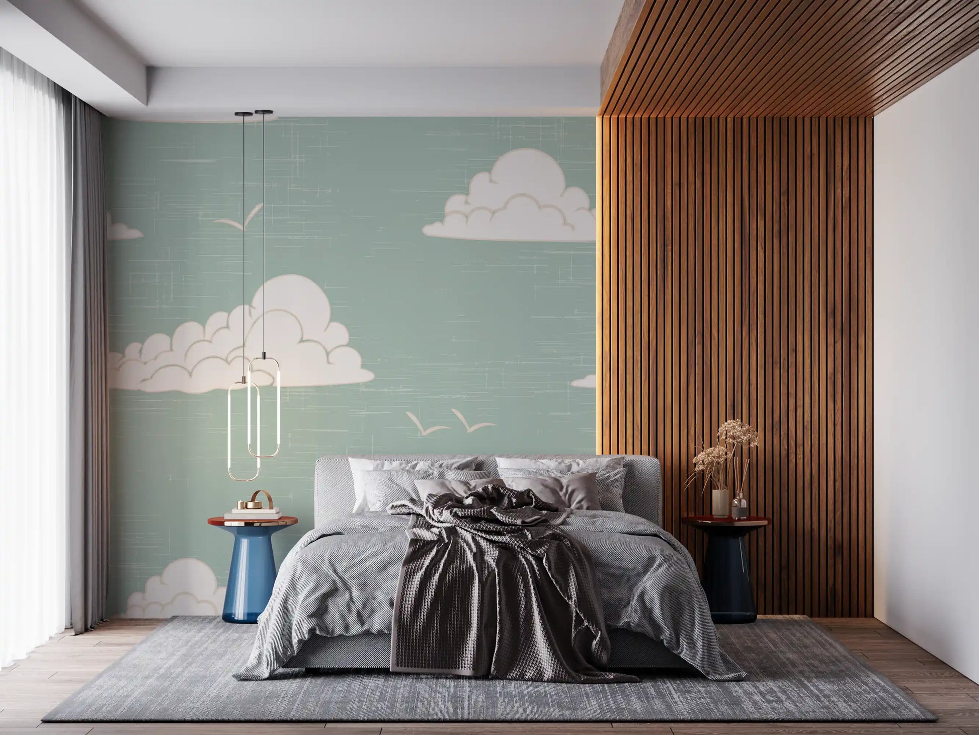 Large and small white clouds scattered across sage wall mural in bedroom.