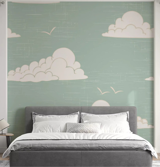 Bedroom with retro sage cloud and bird wall mural., GD10568