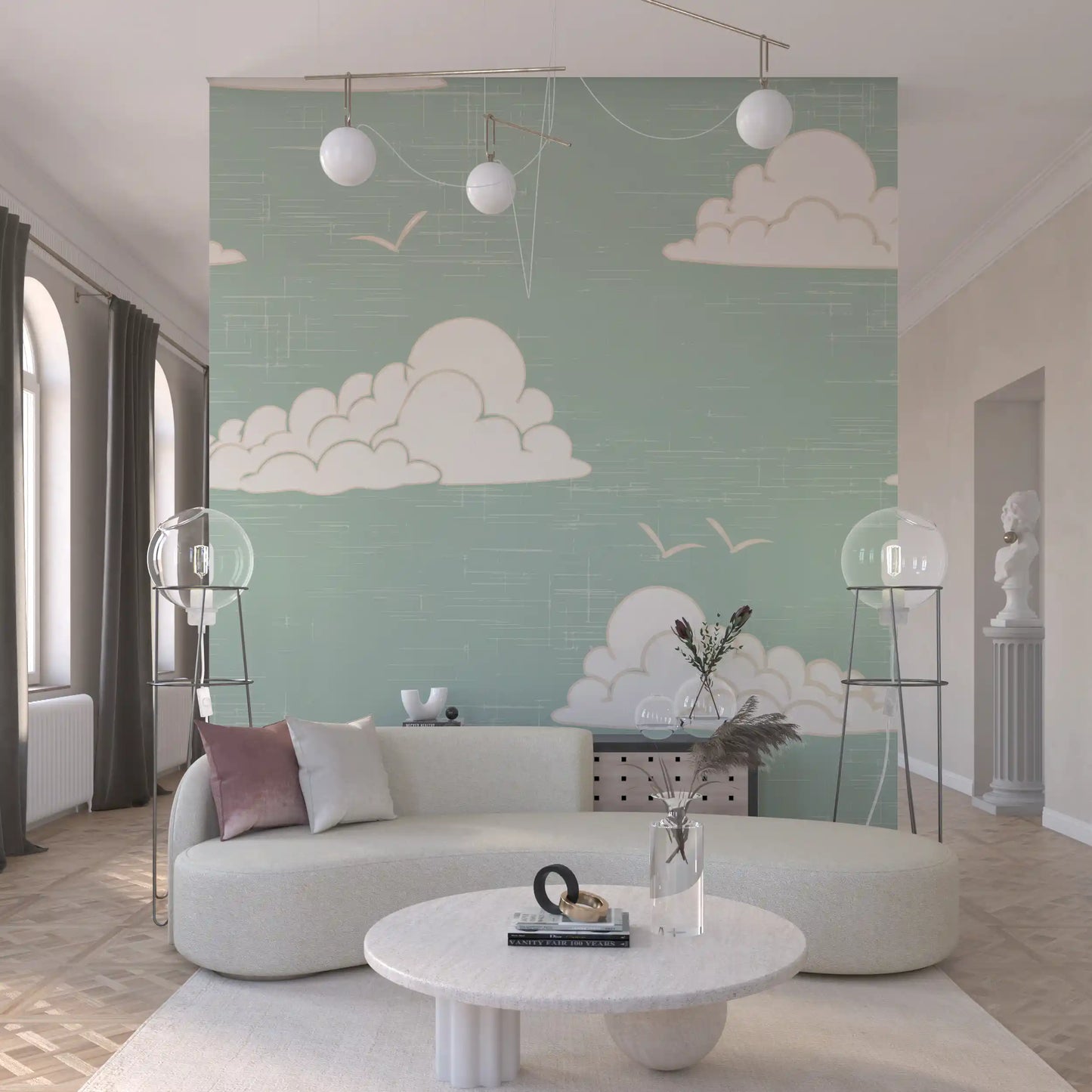 Bird silhouettes drifting between clouds on sage green wall mural.
