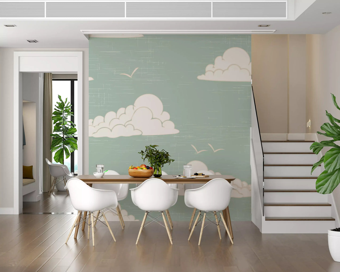 Mid century cloud and bird motif wall mural on sage ground in dining area.