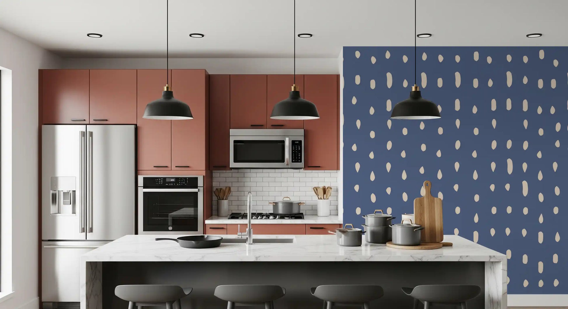 Muted blue wall mural with irregular cream seed dot pattern.