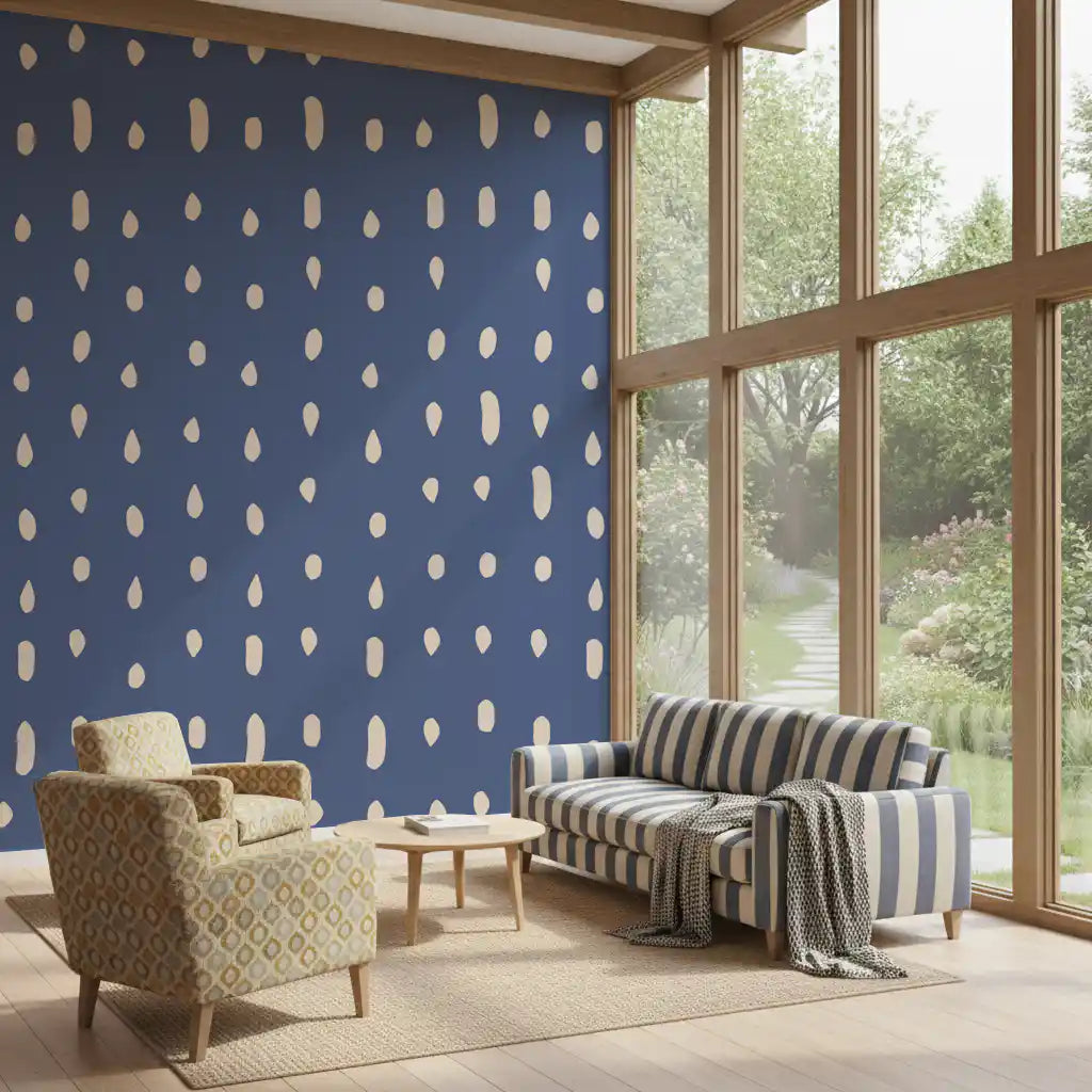 Mid-century cream dot pattern on dusty blue wall mural.
