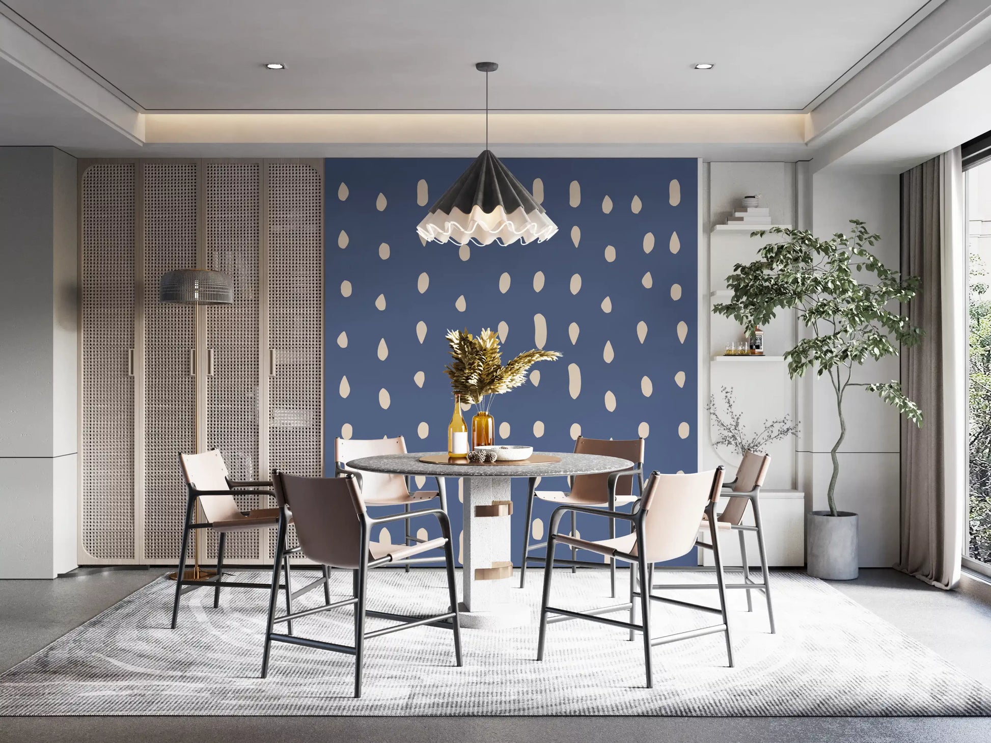 Organic dot shapes in cream on dusty blue wall mural for dining area.