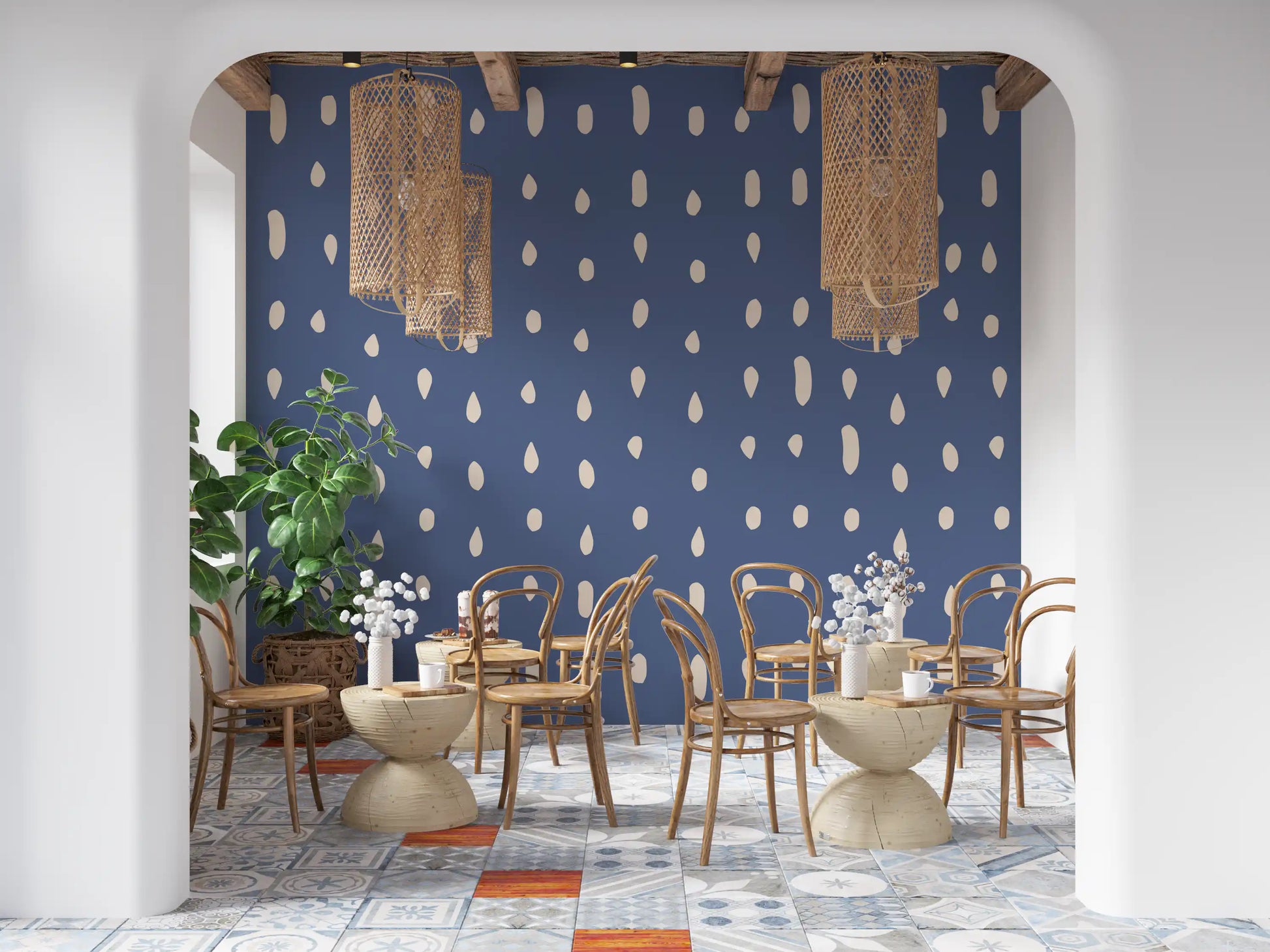 Irregular organic dot repeat on muted blue wall mural.