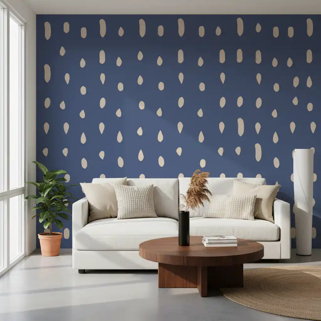 Living room with mid century seed dots dusty blue wall mural.