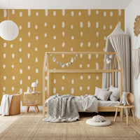 Mid century seed dots mustard wall mural with cream organic marks., GD10570