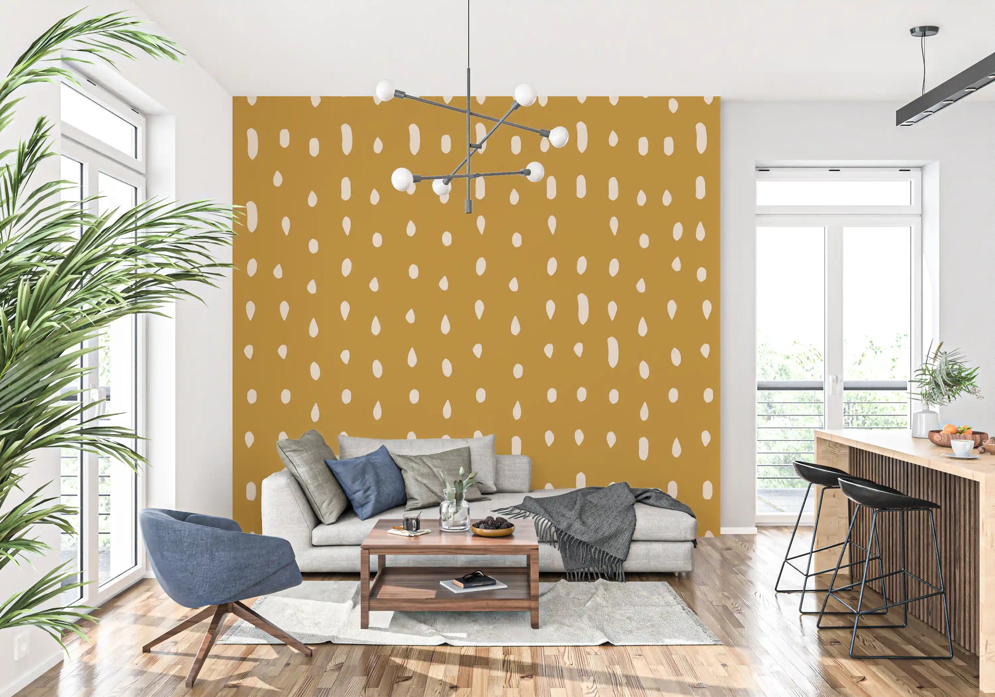 Mustard wall mural with varied cream seed dot placement., GD10570