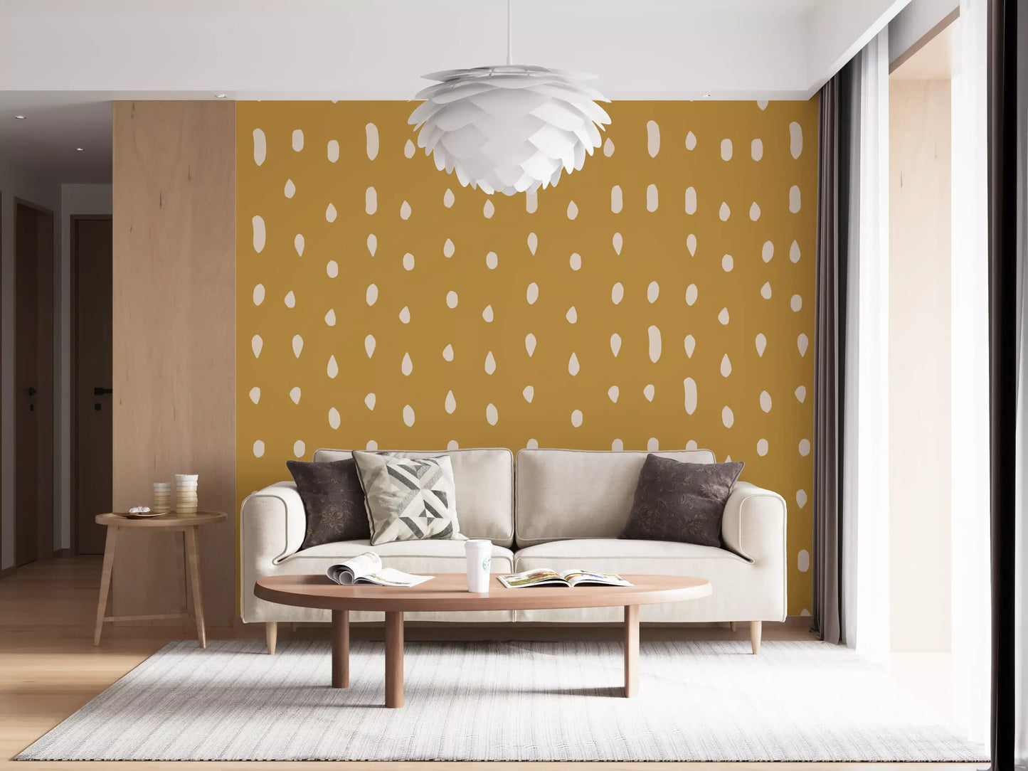 Organic cream dots on golden mustard wall mural., GD10570